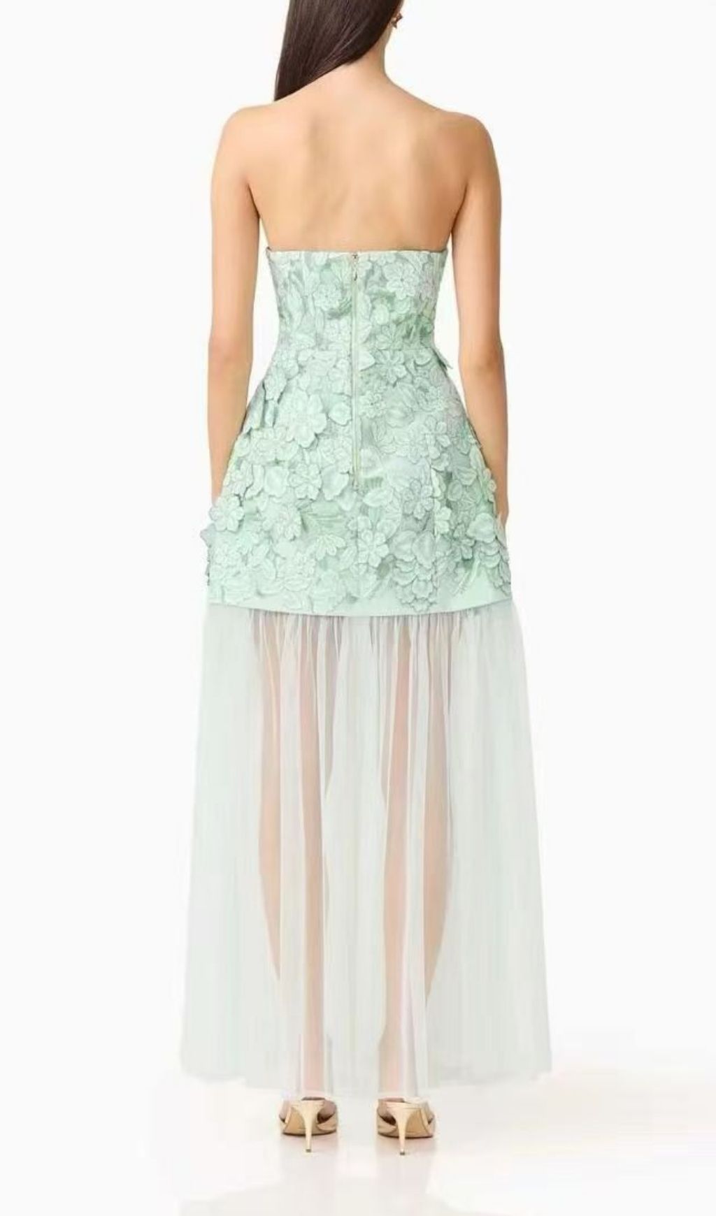 Fashionslee Women Kismet Green 3D Flower Mesh Maxi Dress