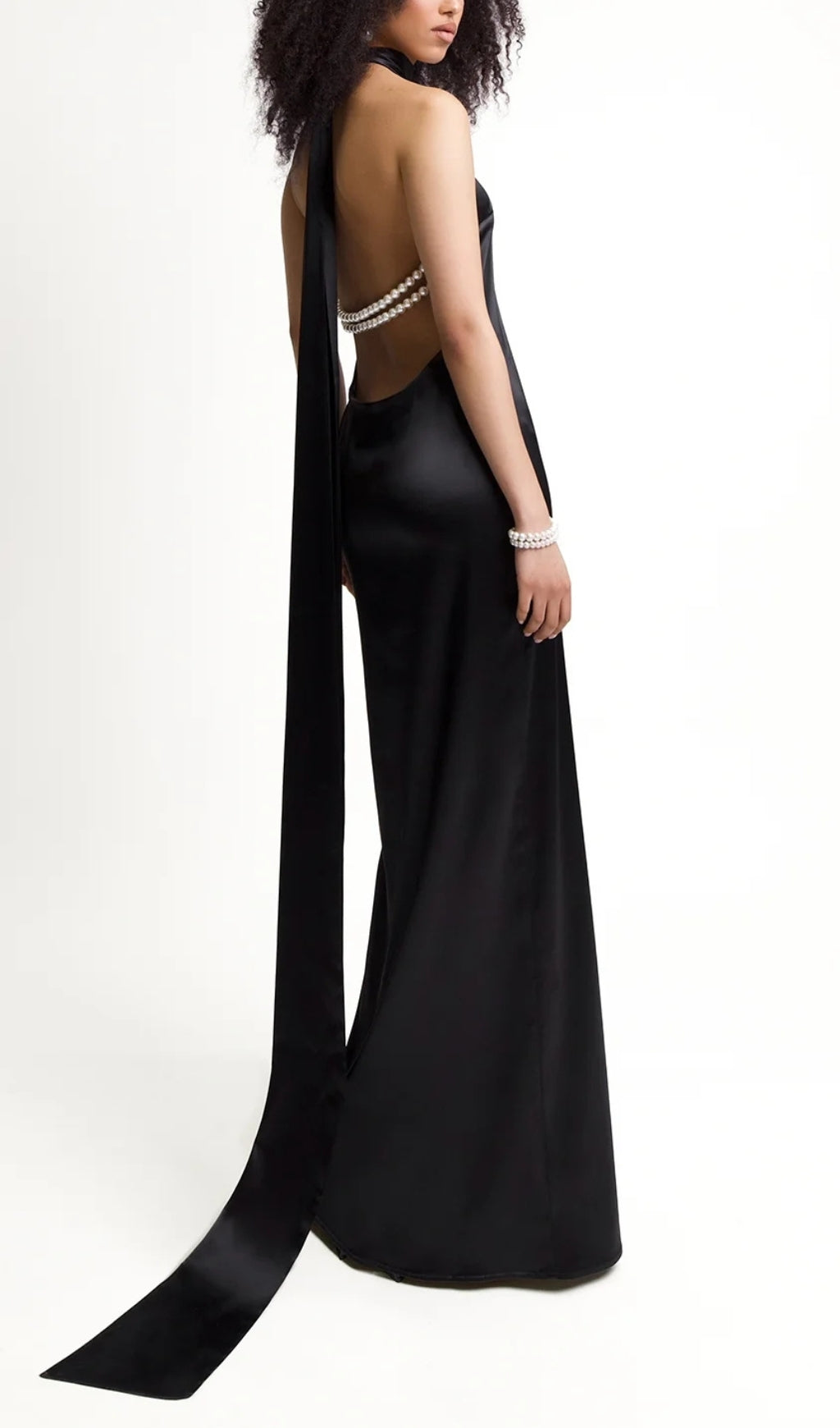 Fashionslee Women Birger Black Halter Pearl Backless Maxi Dress