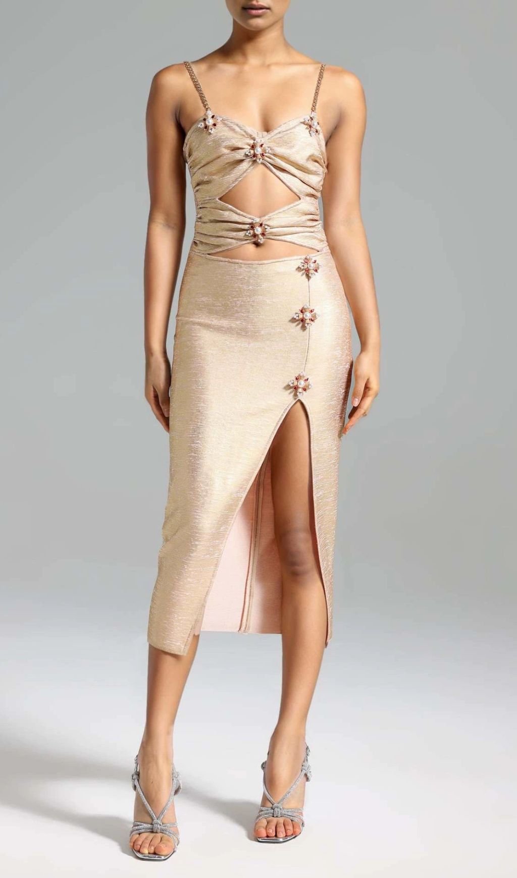 Fashionslee Women Ivie Gold Cutout Embellished Midi Dress