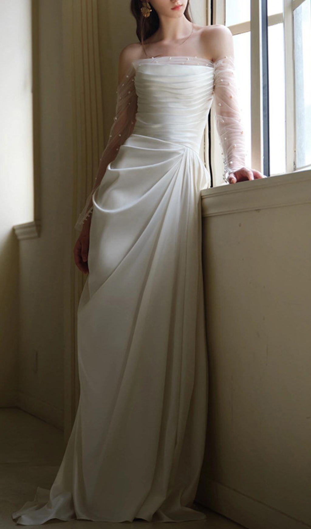 Fashionslee Women Delta White Mesh Sleeve Ruched Wedding Dress