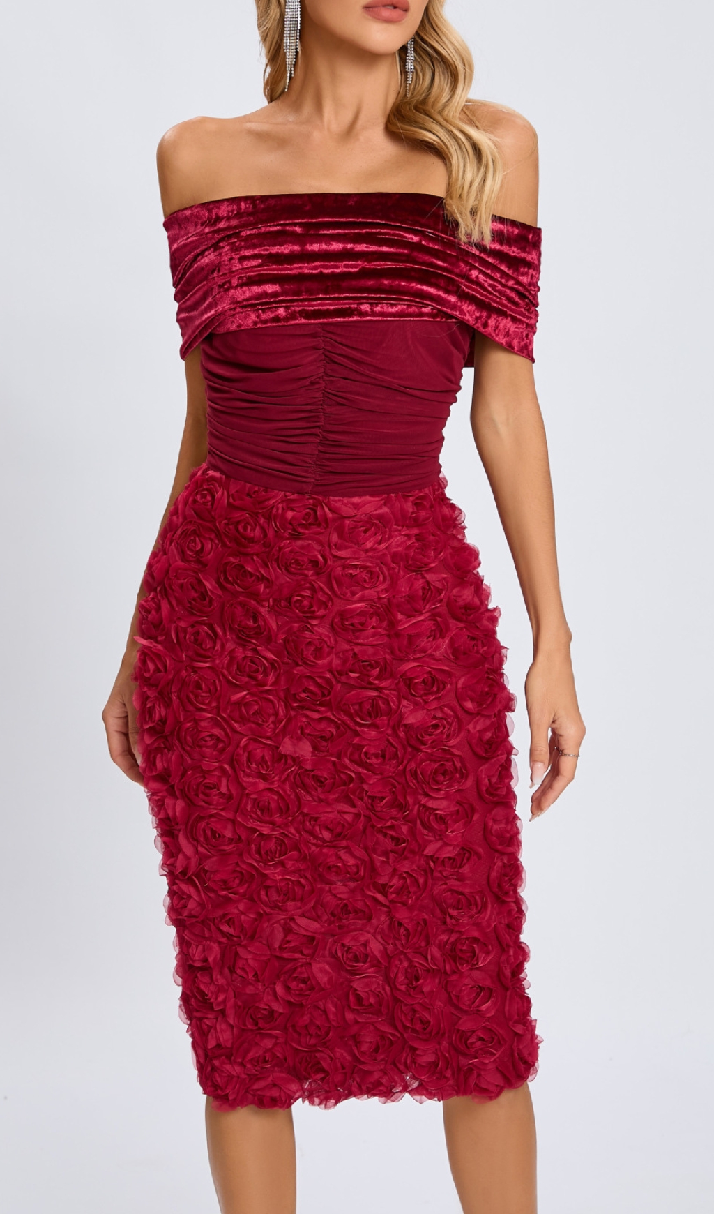 Fashionslee Women Colletta Red Off-Shoulder Ruched Flower Midi Dress
