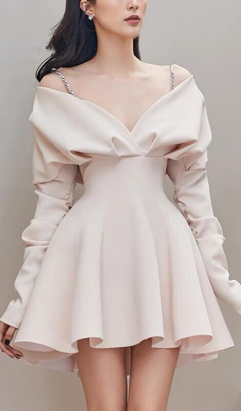 Fashionslee Women V-Neck Long-Sleeved A-Line Suspender Dress