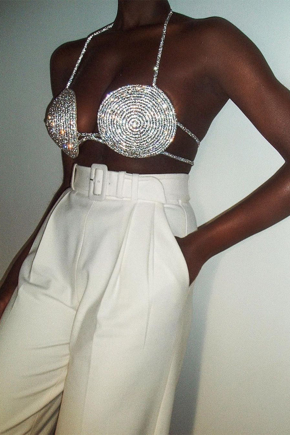 ee64c63e88bc43c4c133f7c6cec51aae.jpeg Fashionslee Women Rhinestone Embellished Silk Bra Top In Silver