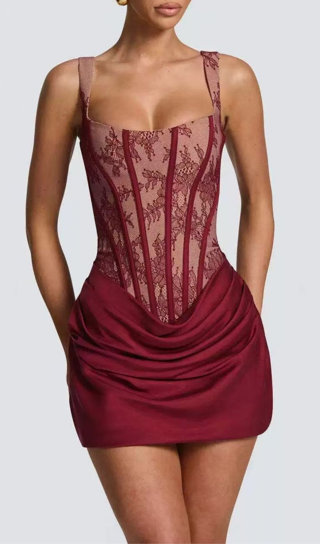 Fashionslee Women Katty Red Lace Corset Mini Dress
