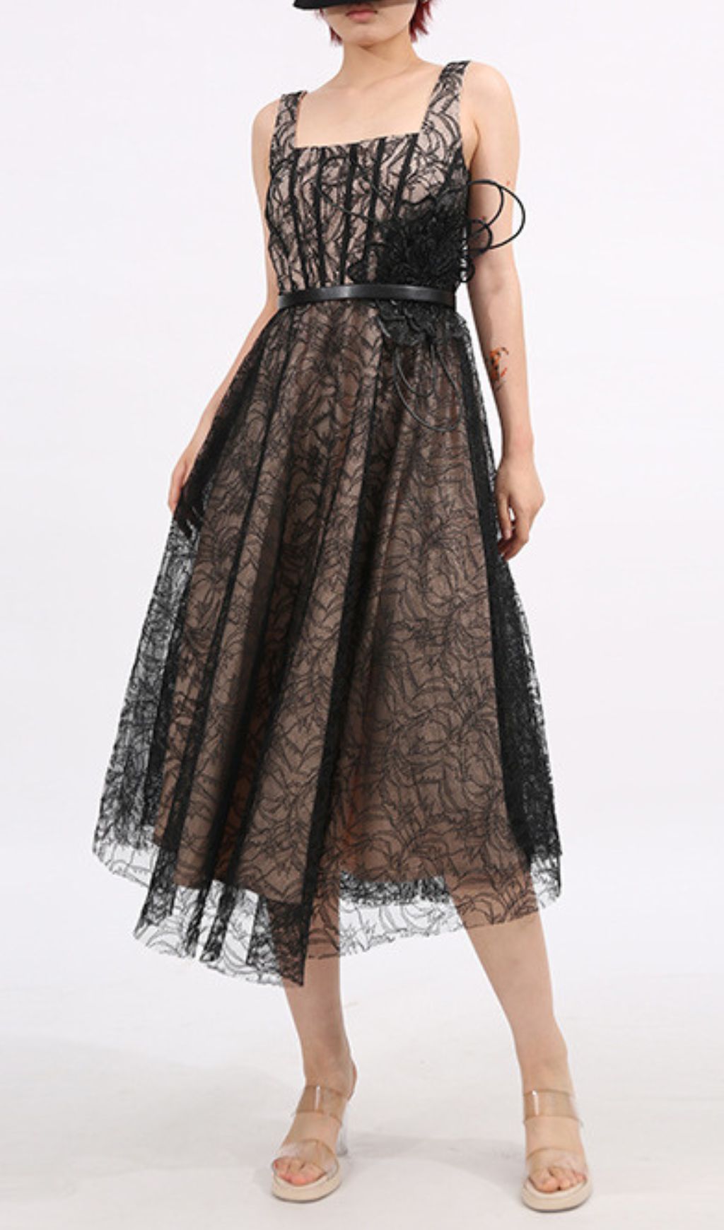Fashionslee Women Frenchie Black Lace Flower Midi Dress