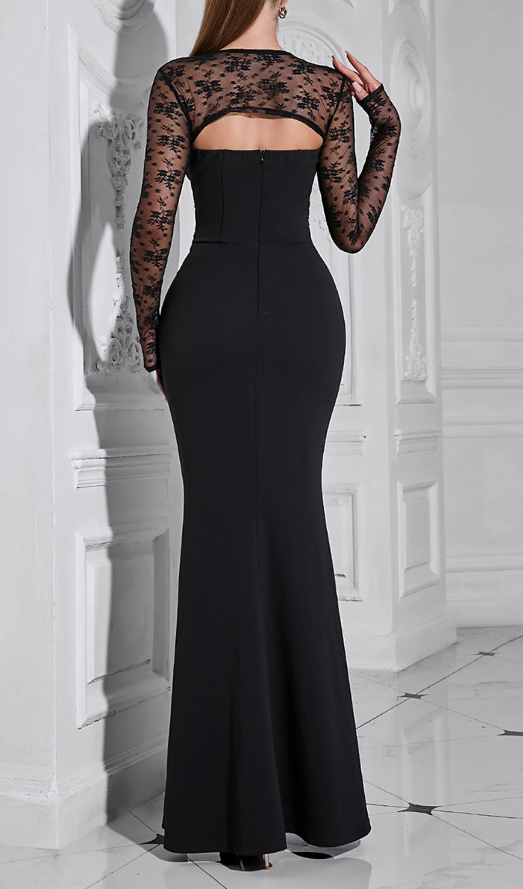 Fashionslee Women Brigit Black Lace Long Sleeve Maxi Dress