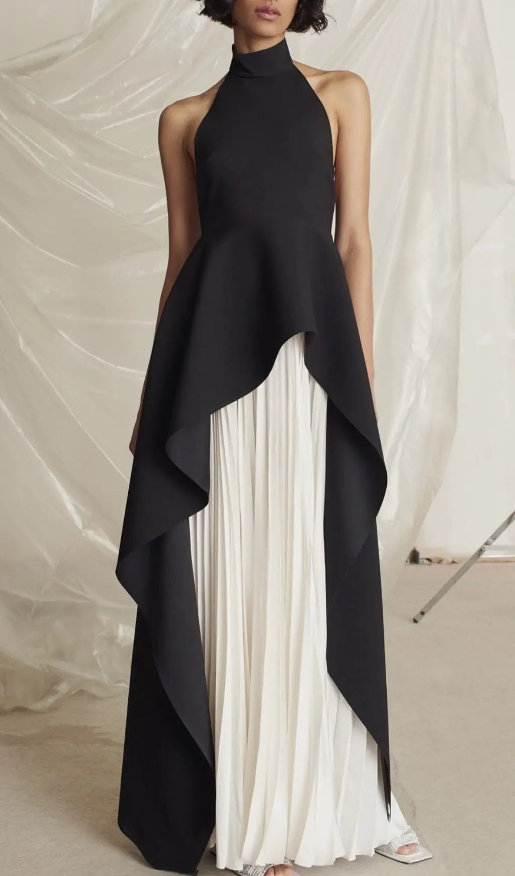 Fashionslee Women Bandage Halter Irregular Maxi Dress In Black And White