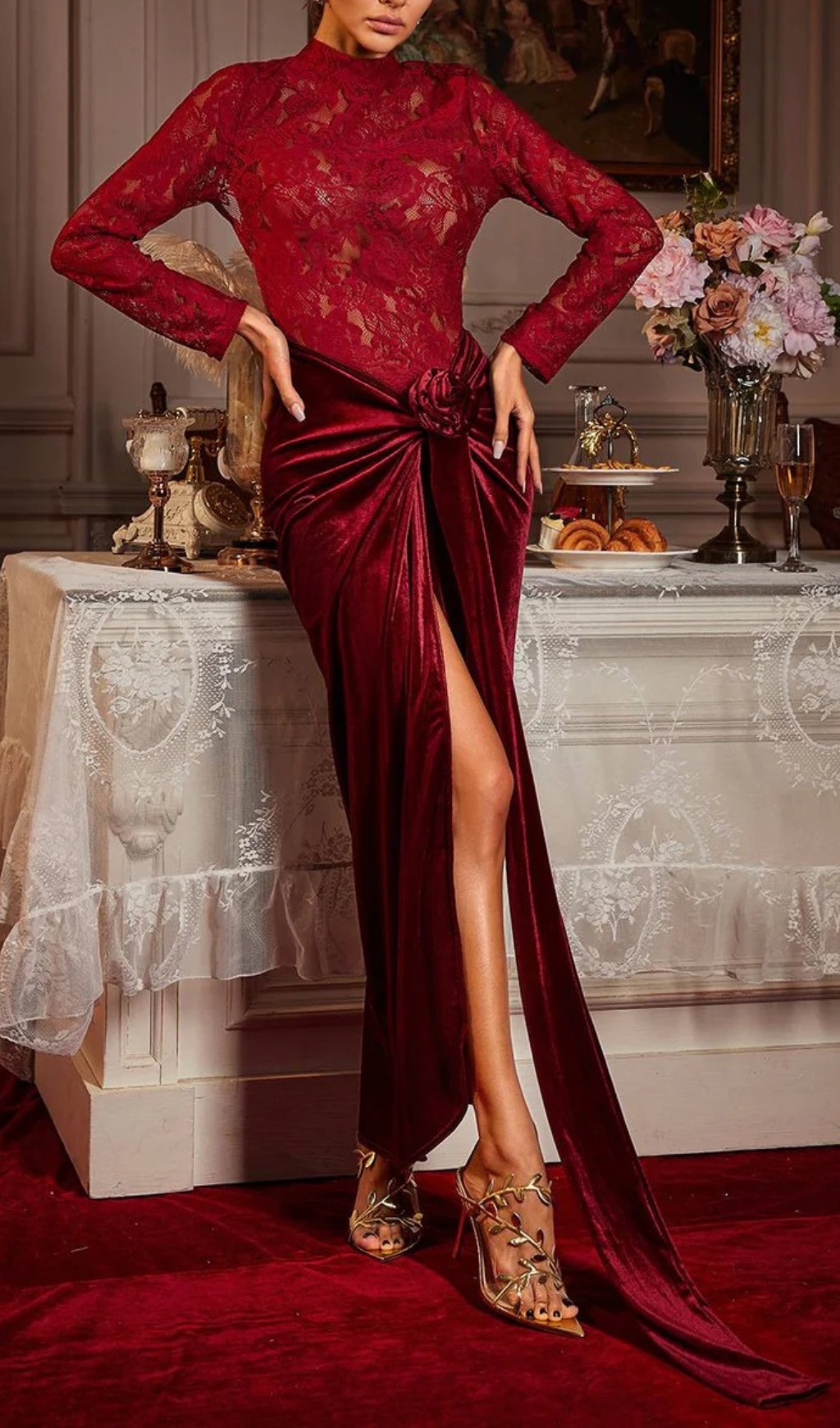 VELVET RUCHED MAXI DRESS WITH SPLIT - OWNCI VELVET RUCHED MAXI DRESS WITH SPLIT - OWNCI