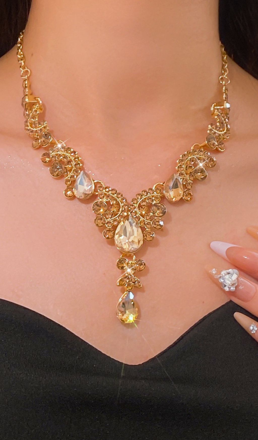Fashionslee Women Kahlen Champagne Diamante Earrings & Necklace