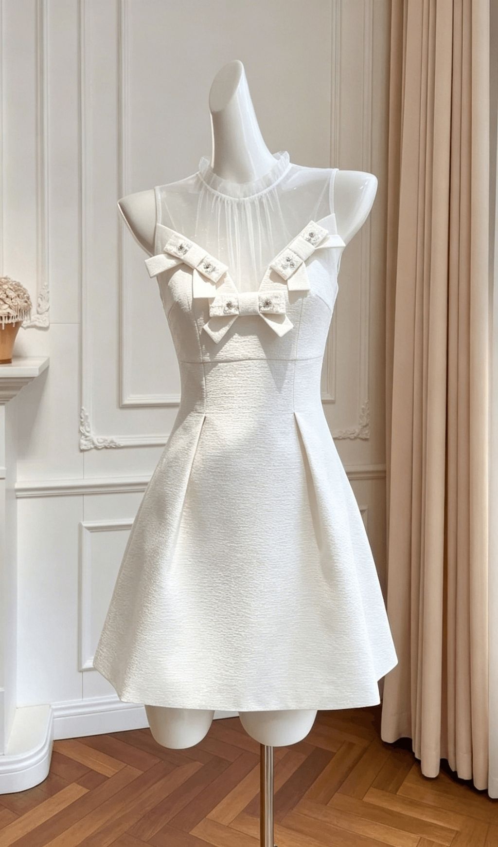 Fashionslee Women Kikkan White Bow Mesh Mini Dress