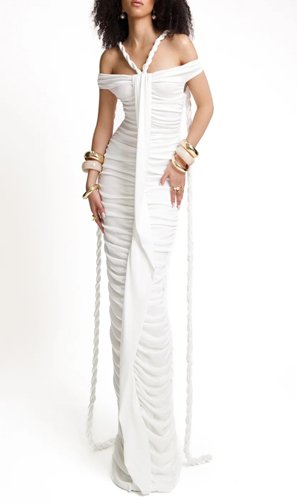 Fashionslee Women Buddug White Bardot Ruched Maxi Dress