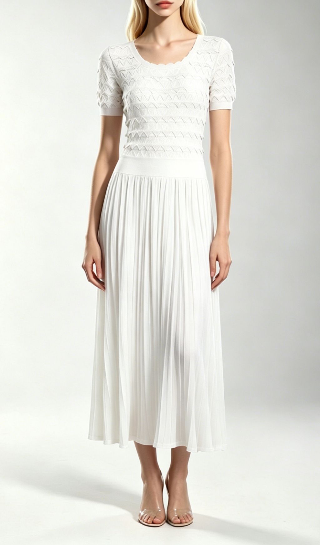 Fashionslee Women Kirima White Short Sleeve Knit Midi Dress