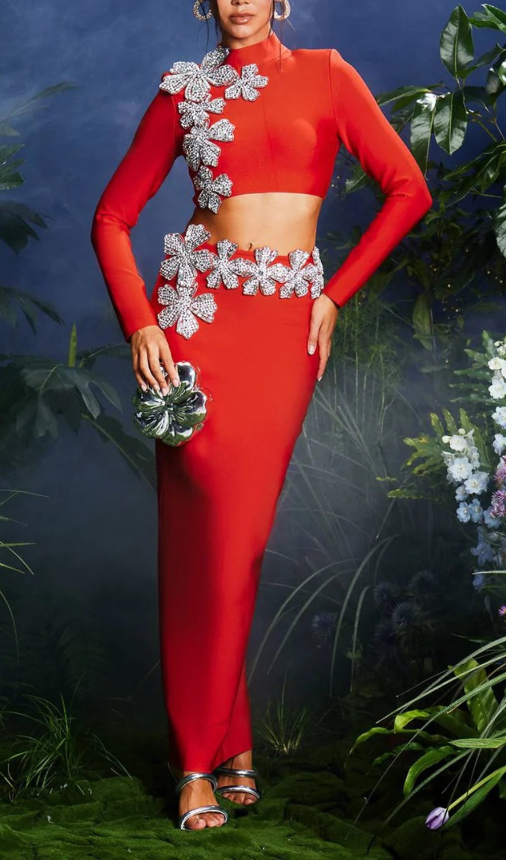 Fashionslee Women Almira Strapless Flower Bandage Skirt Set In Red
