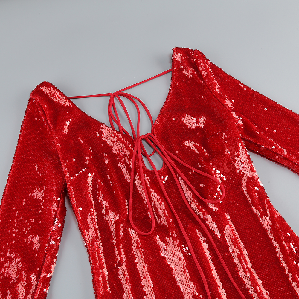 Fashionslee Women Betsy Red Long Sleeve Sequin Midi Dress