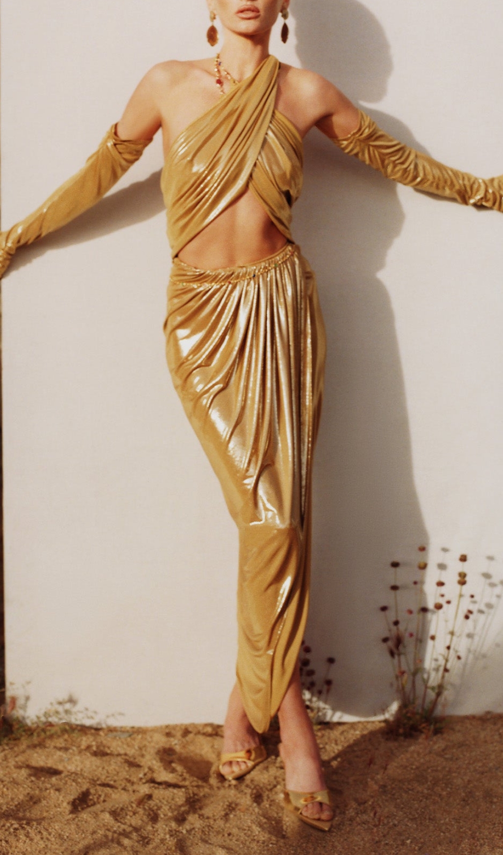 Fashionslee Women Bodie Gold Halter Long Sleeve Draped Maxi Dress