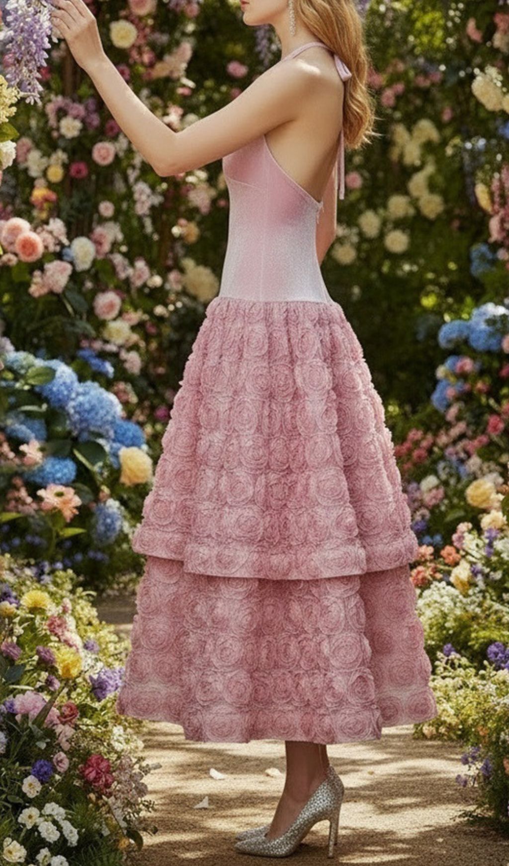 Fashionslee Women Jonila Pink Halter Flower Midi Dress