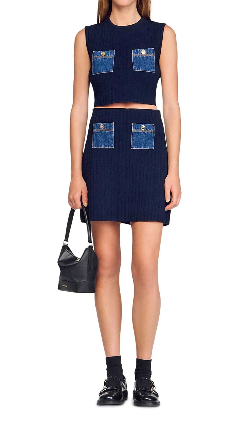Fashionslee Women Knit Denim Top & Mini Skirt