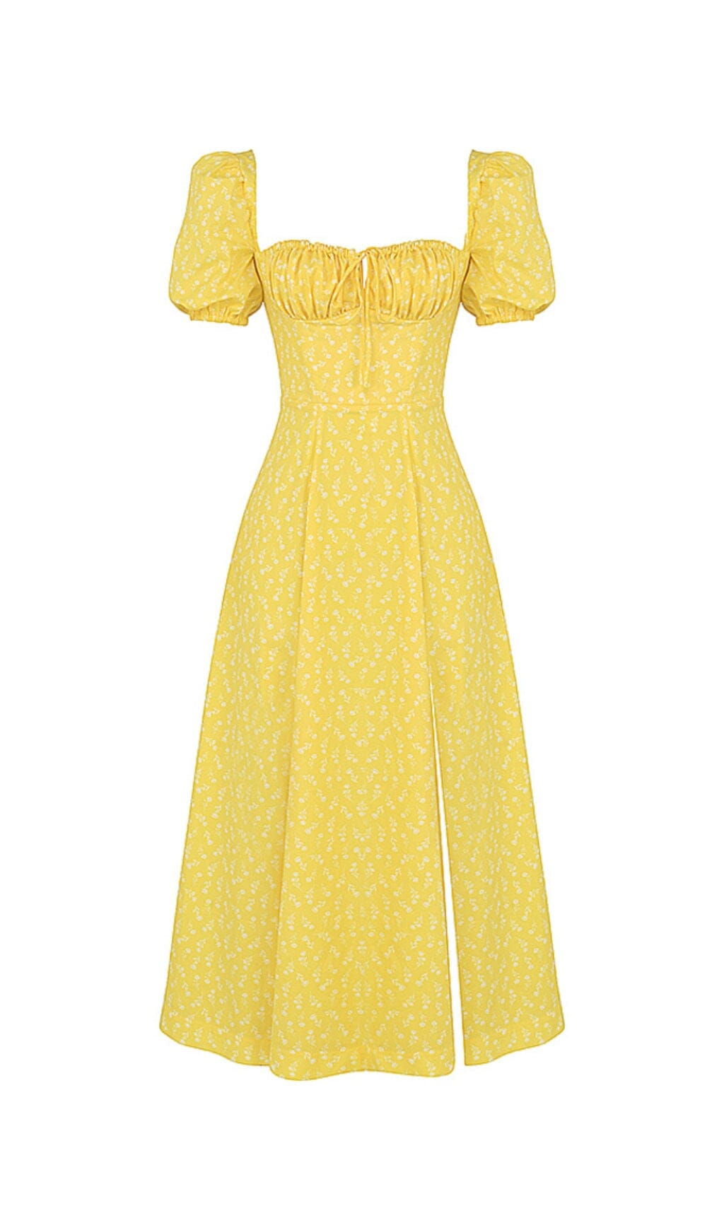 Fashionslee Women Vintage Floral Puff Sleeve Midi Dress In Yellow
