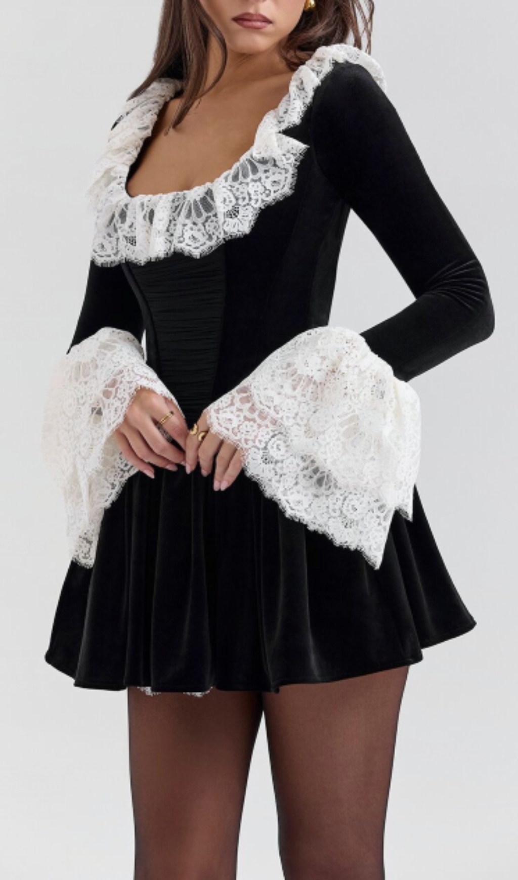 f05cfe04110ad91f31424be25cf00ab2.jpg Fashionslee Women Coy Black Long Sleeve Lace Velvet Mini Dress