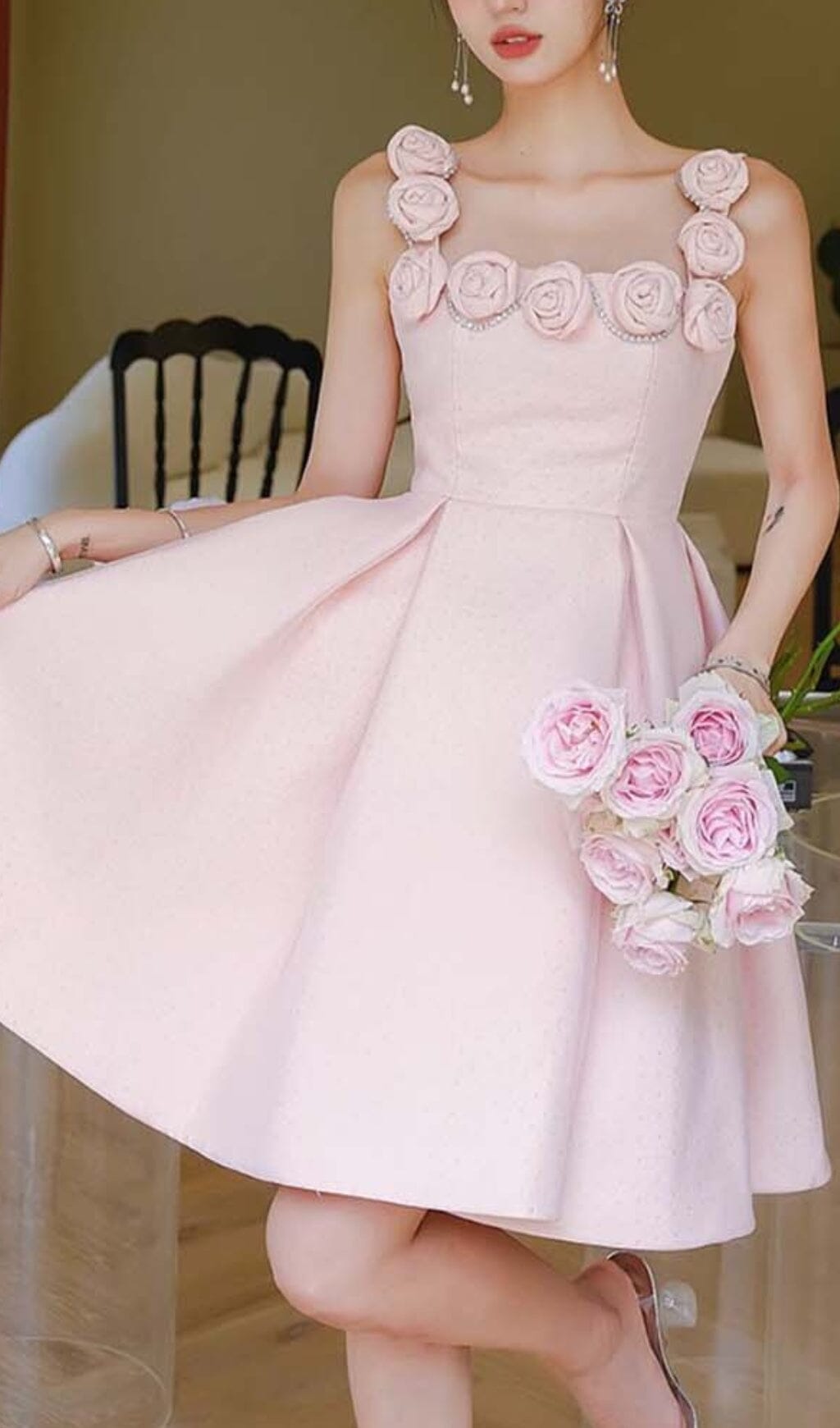 Fashionslee Women Rhinestone Rose Applique Mini Dress In Pink