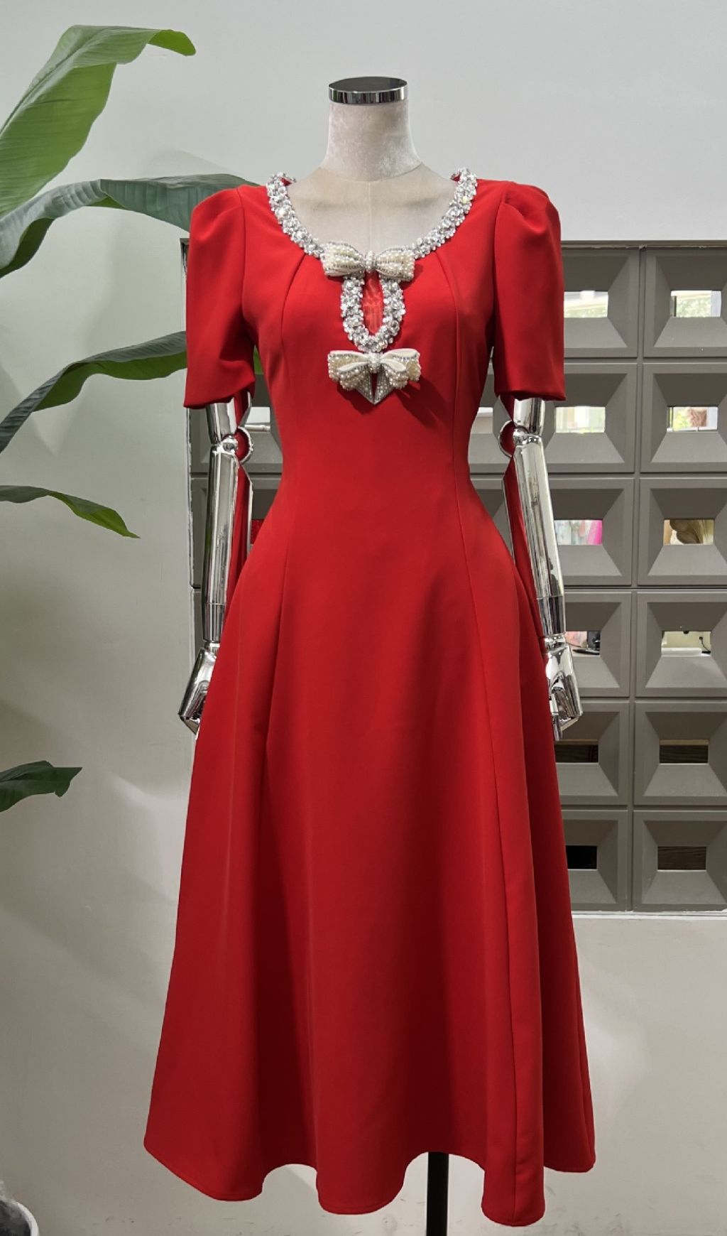 Fashionslee Women Faizah Bow Diamond Beaded Midi Dress