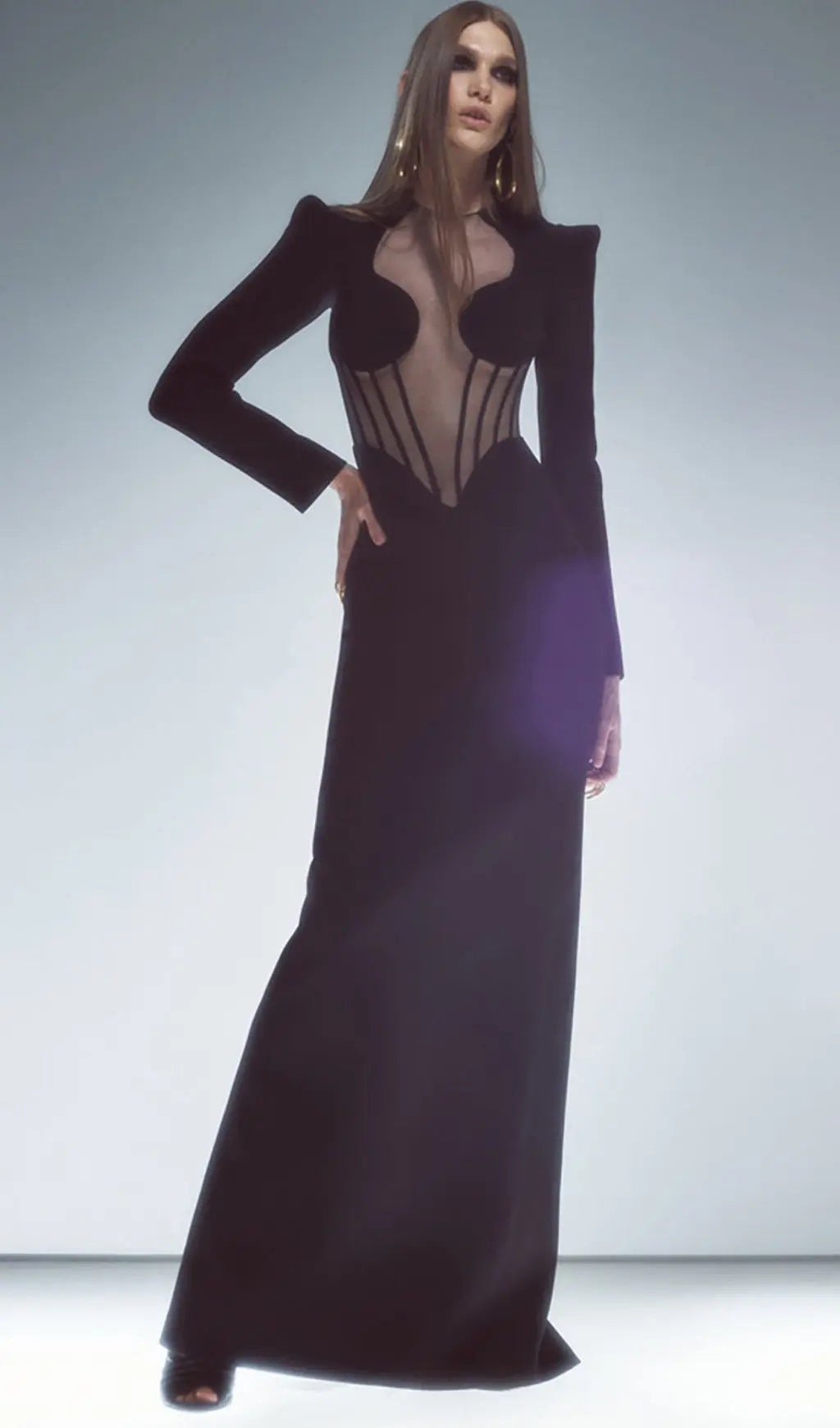 Fashionslee Women Black Mesh Corset Detail Bandage Long Dress