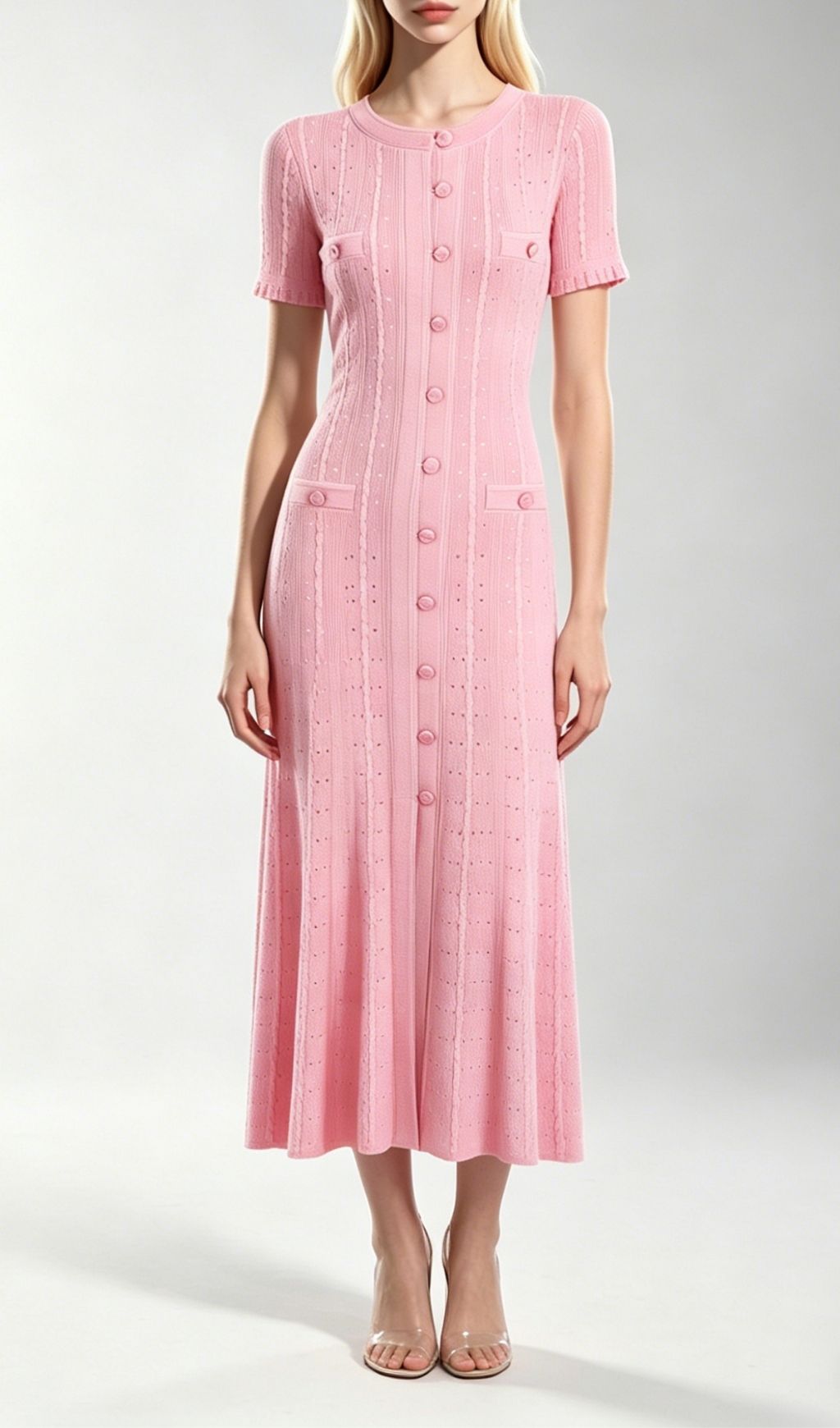 Fashionslee Women Kilenya Light Pink Knit Short Sleeve Midi Dress