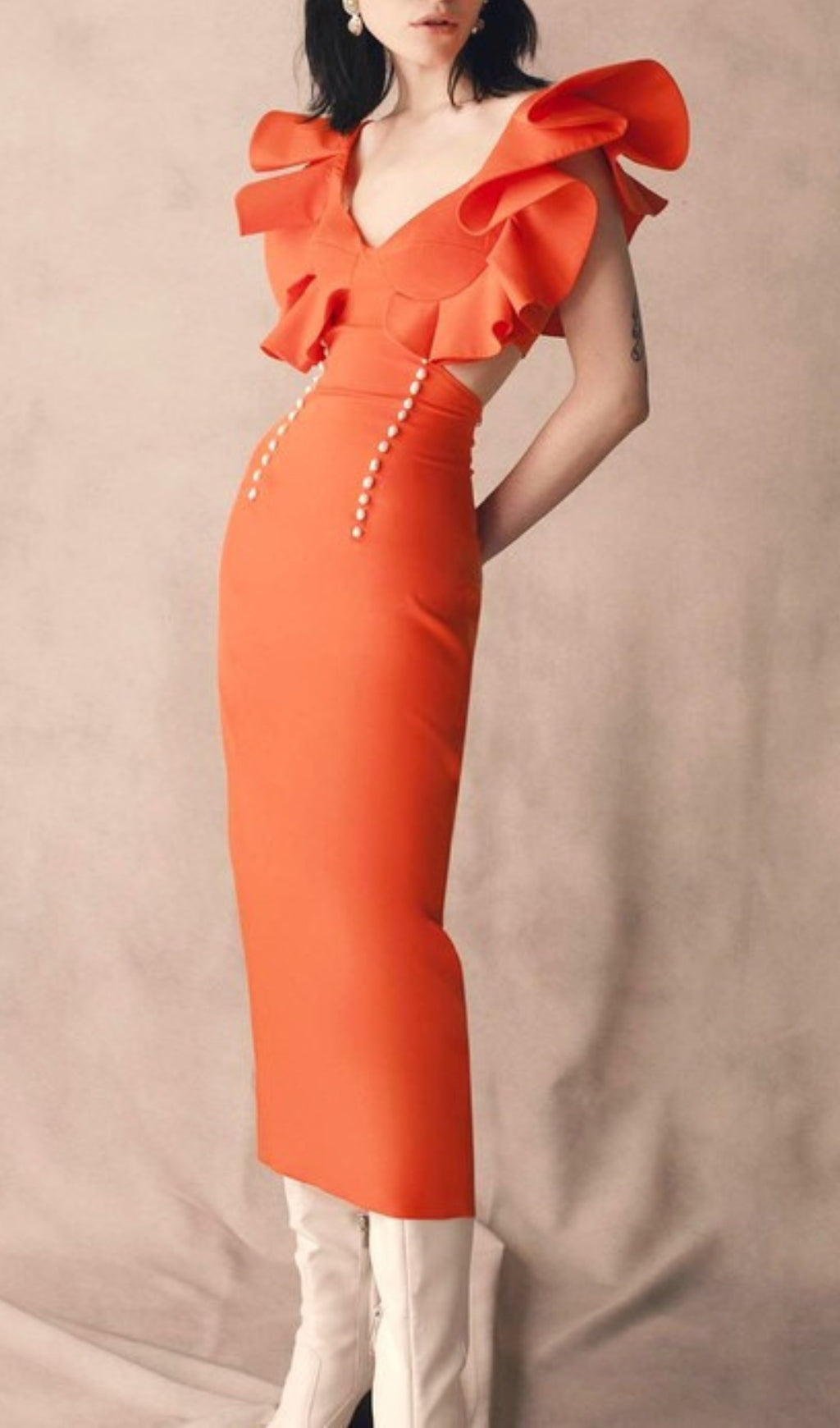 Fashionslee Women Blanchard Orange Ruffle Sleeve Midi Dress