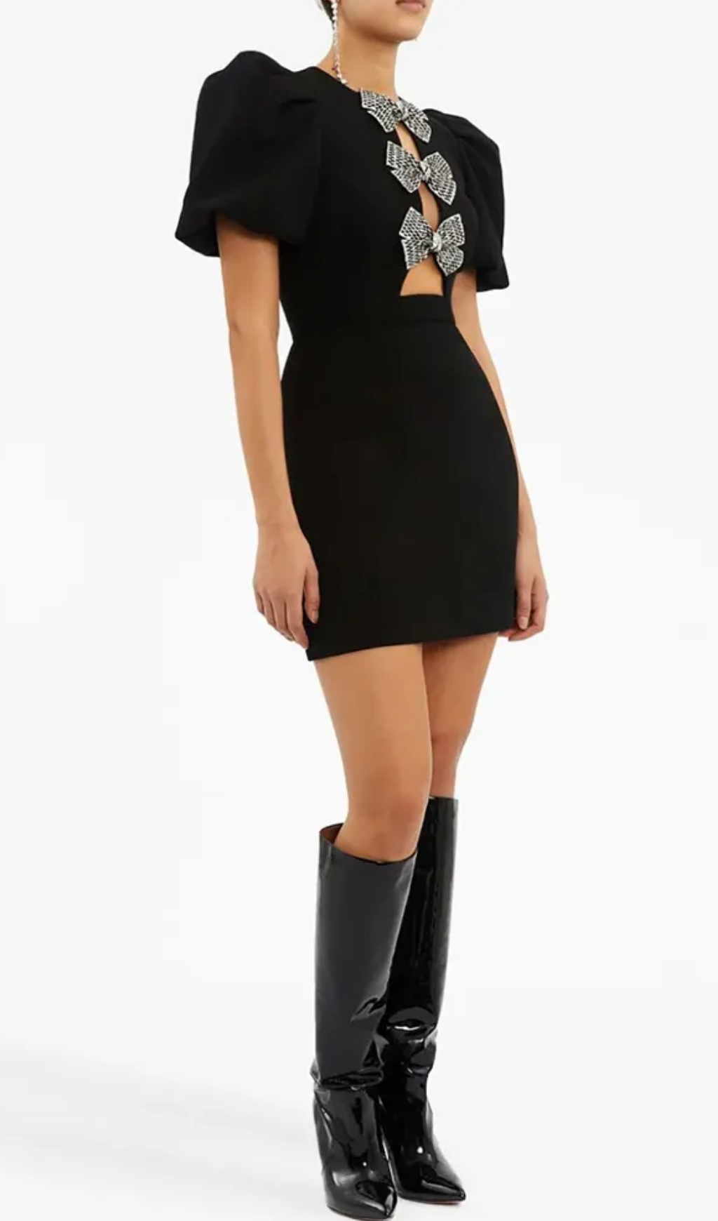 Fashionslee Women Black Short Sleeve Round Neck Bow Hollow Mini Dress