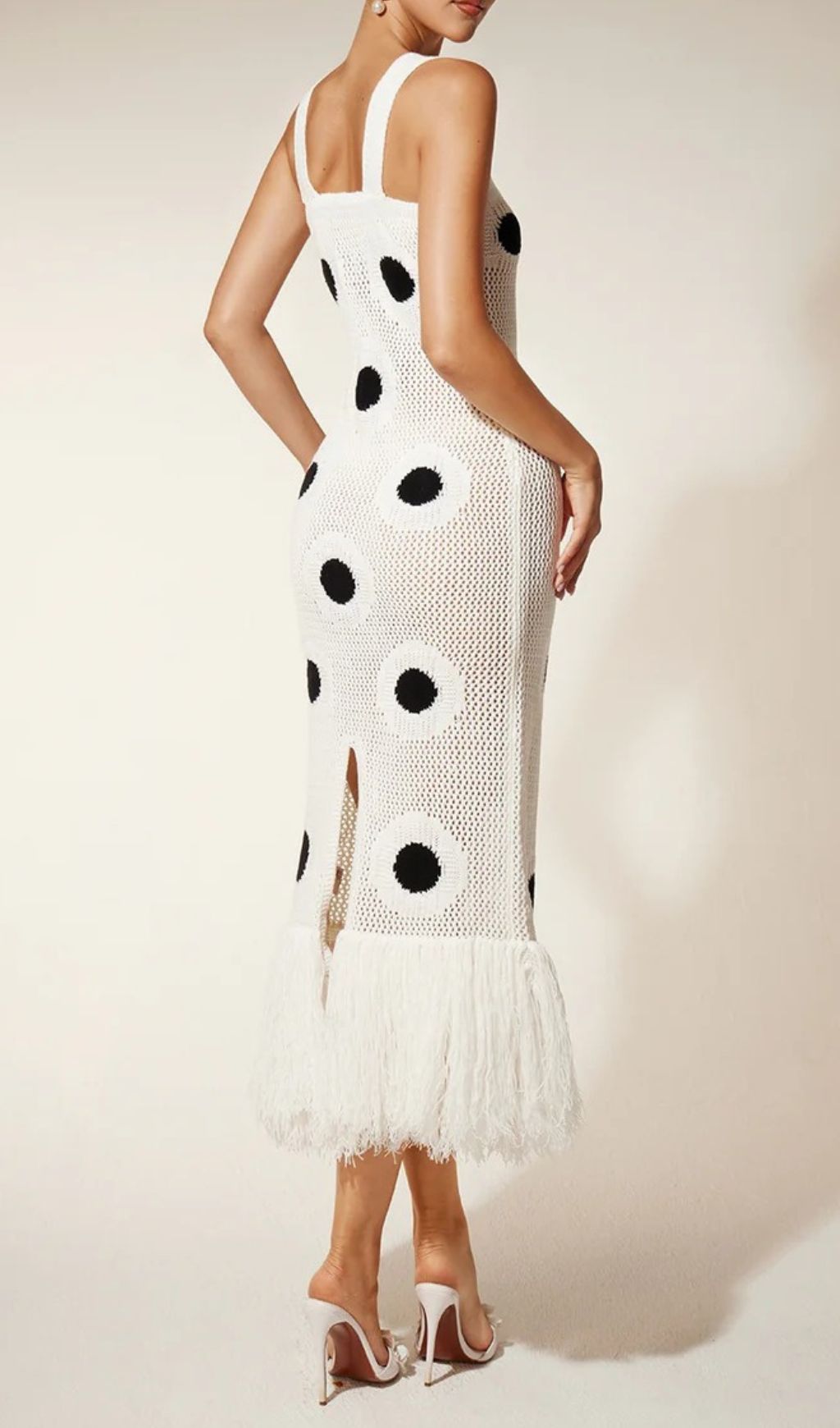 Fashionslee Women Gaelion Dot Fringe Knitted Midi Dress In White