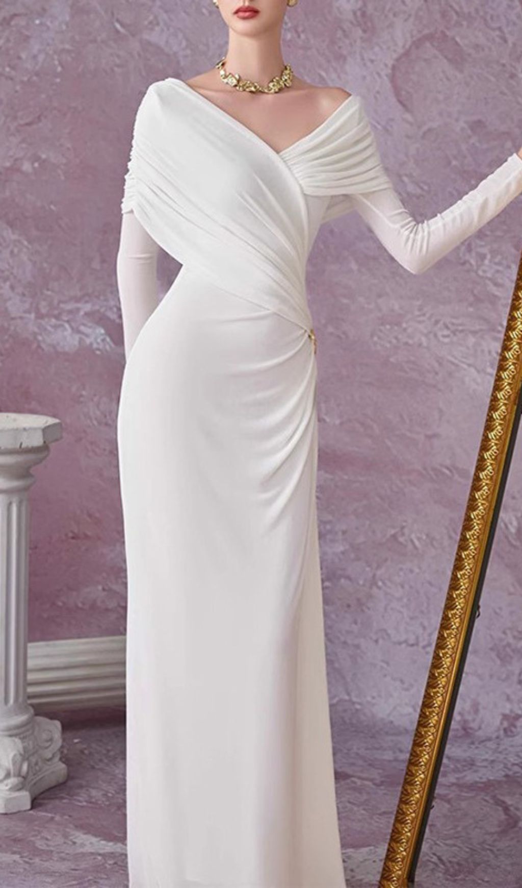Fashionslee Women Goldy Ruched Long Sleeve Maxi Dress