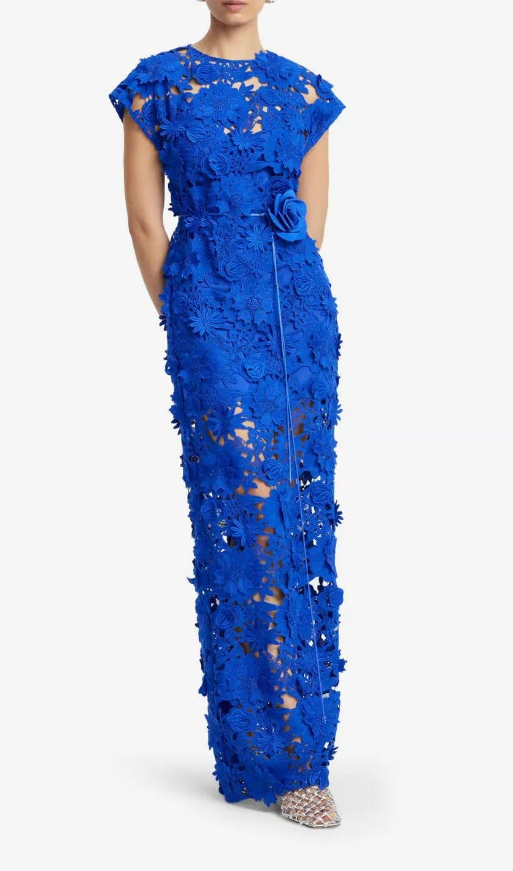 Fashionslee Women Kiera Blue 3D Flower Lace Maxi Dress