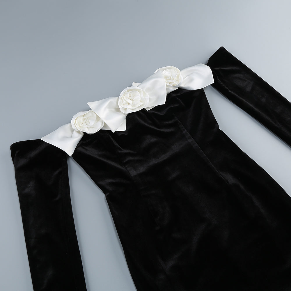 Fashionslee Women Binnie Black Bow Flower Velvet Maxi Dress