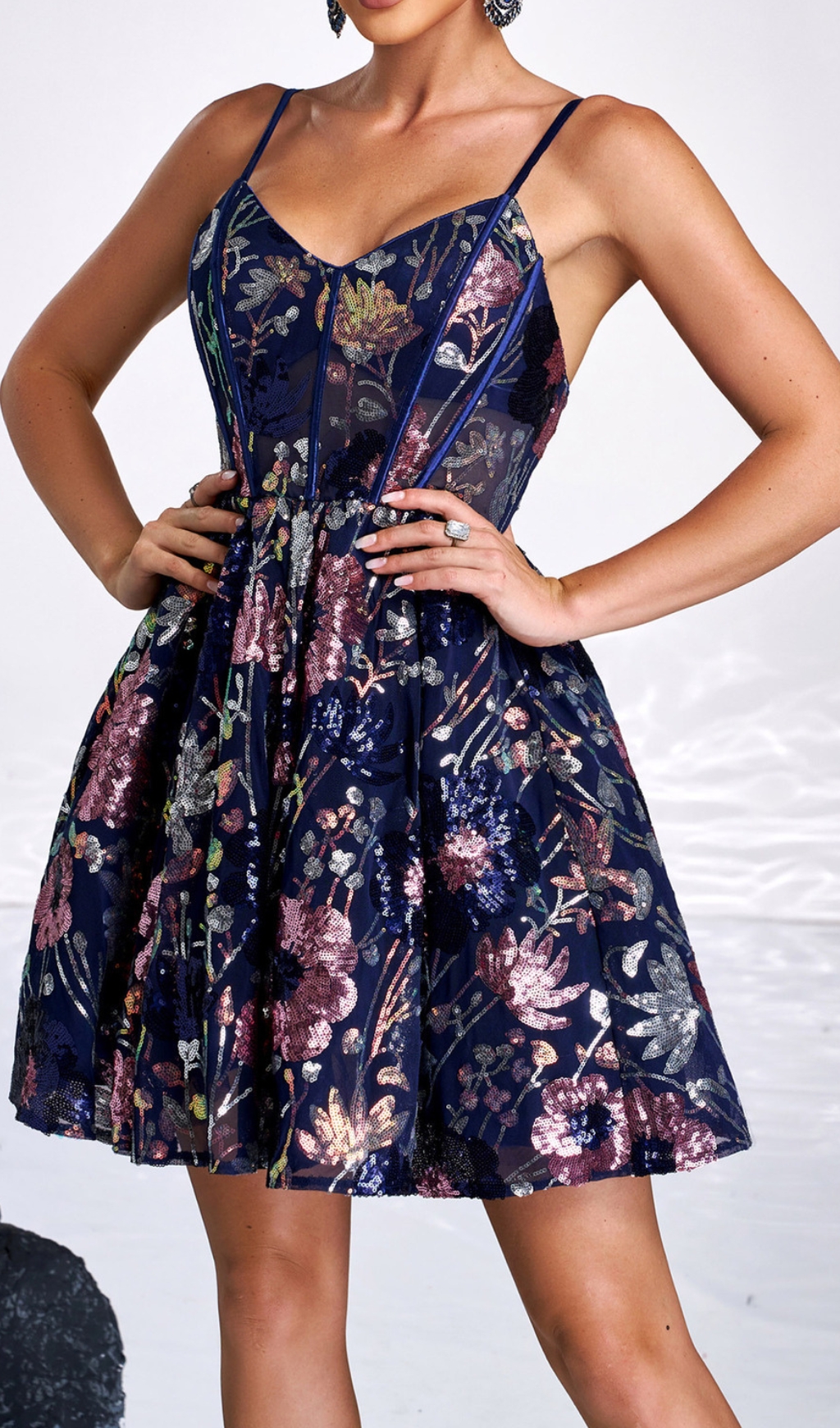 Fashionslee Women Cedar Navy Flower Corset Mini Dress