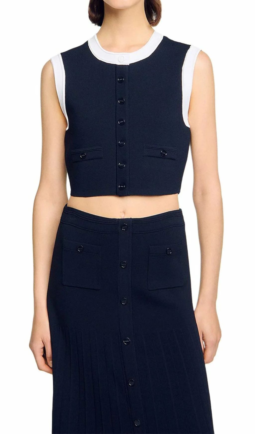 f28fa8fa9fd57d0bd7be467a467b9eef.jpg Fashionslee Women Two Tone Cropped Sleeveless Cardigan