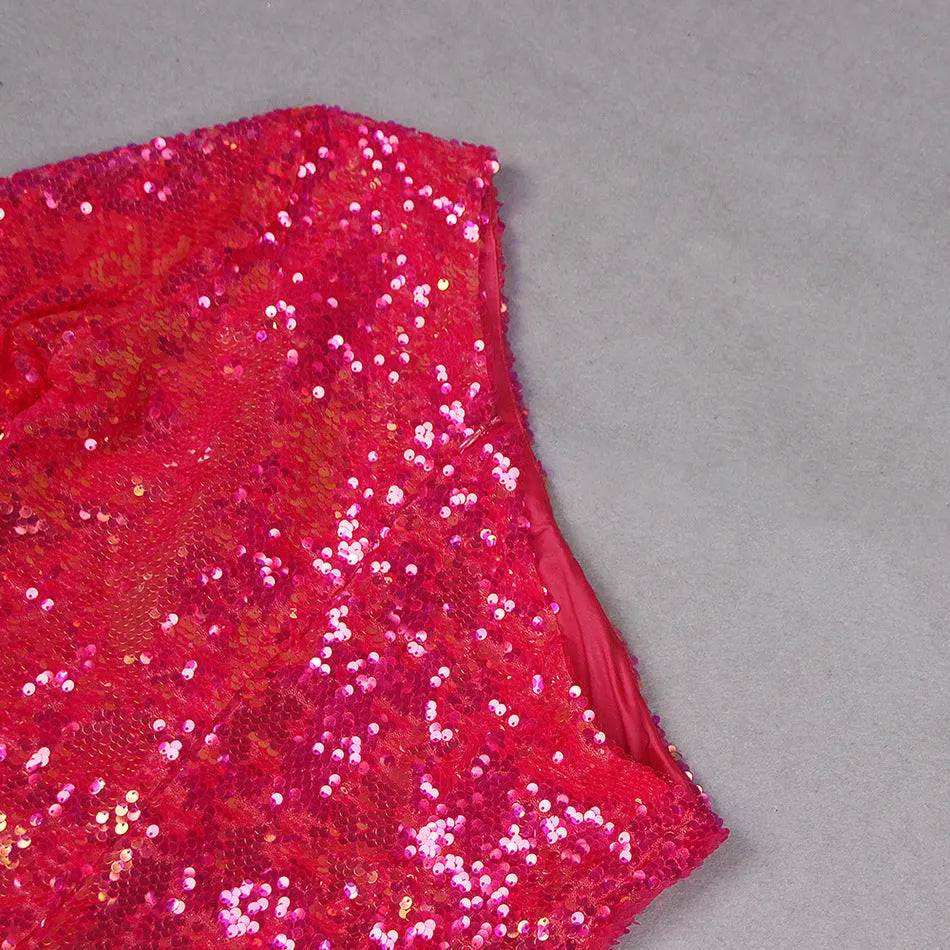 Fashionslee Women Rose Red Sequin One Shoulder Mini Dress