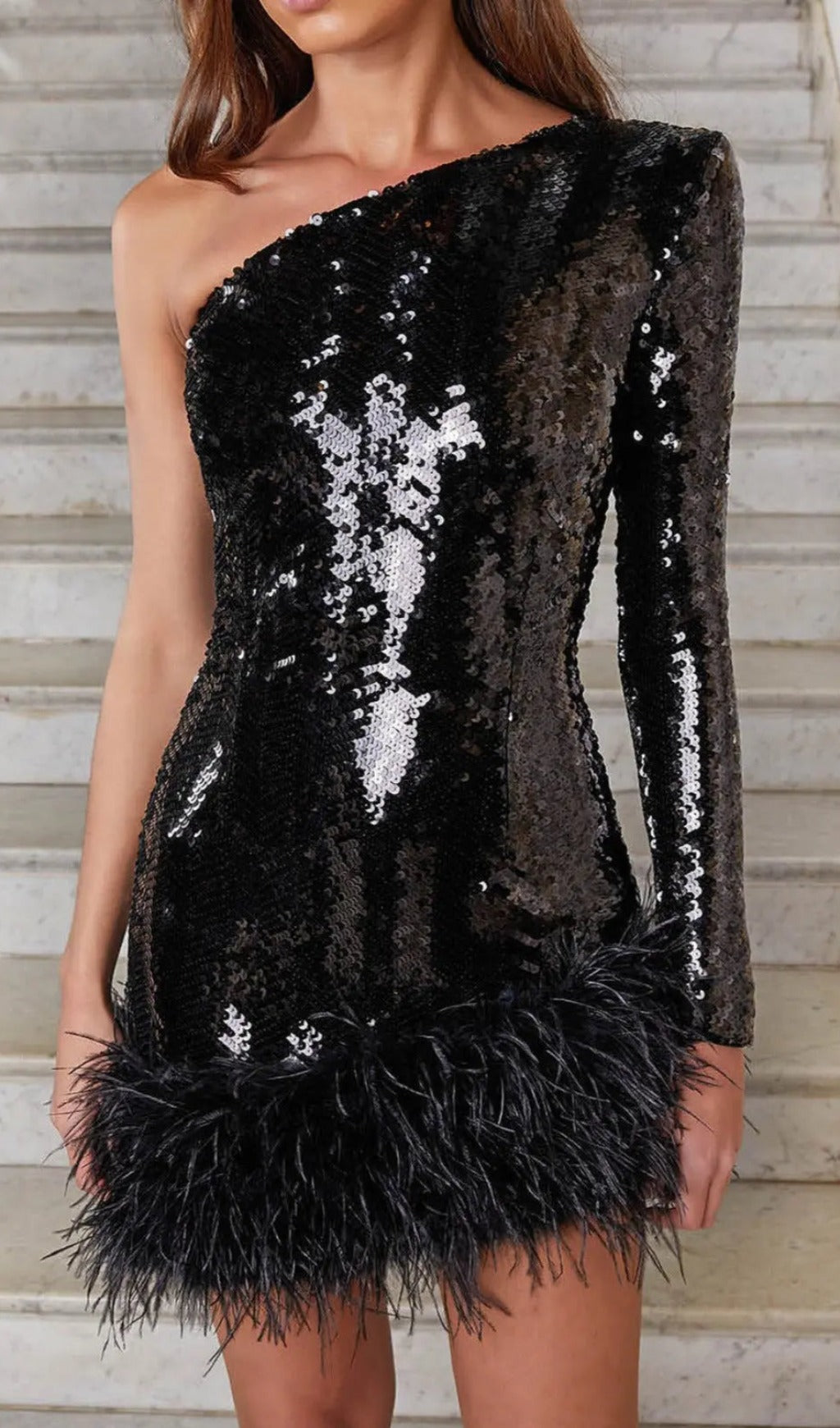 Fashionslee Women Black Sequin One Shoulder Feather Mini Dress