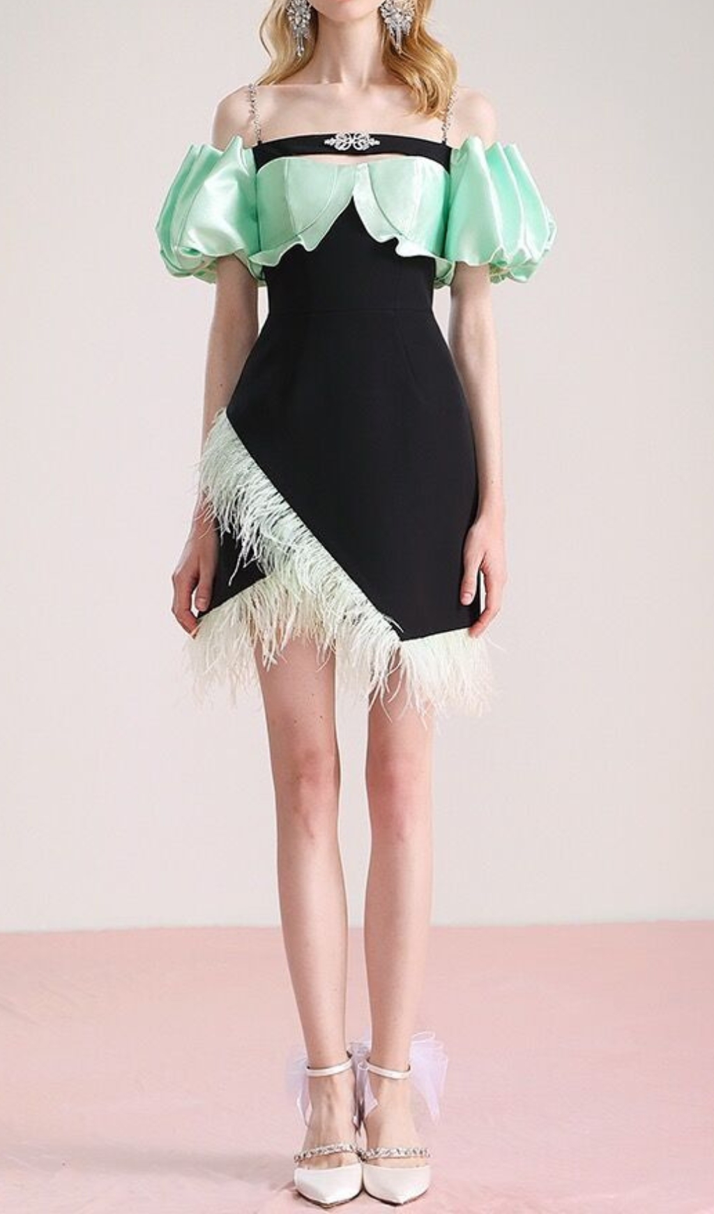 Fashionslee Women Cielo Black Off-Shoulder Feather Mini Dress