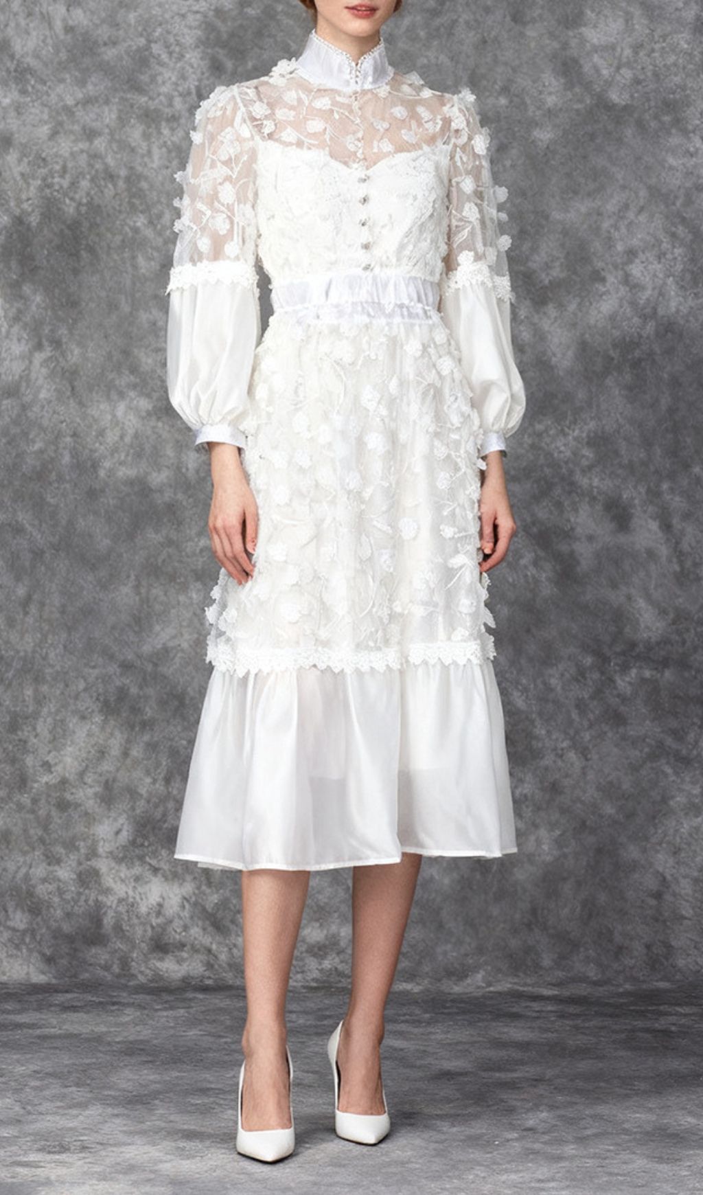 Fashionslee Women Itzayana White Flower Embellished Long Sleeve Midi Dress