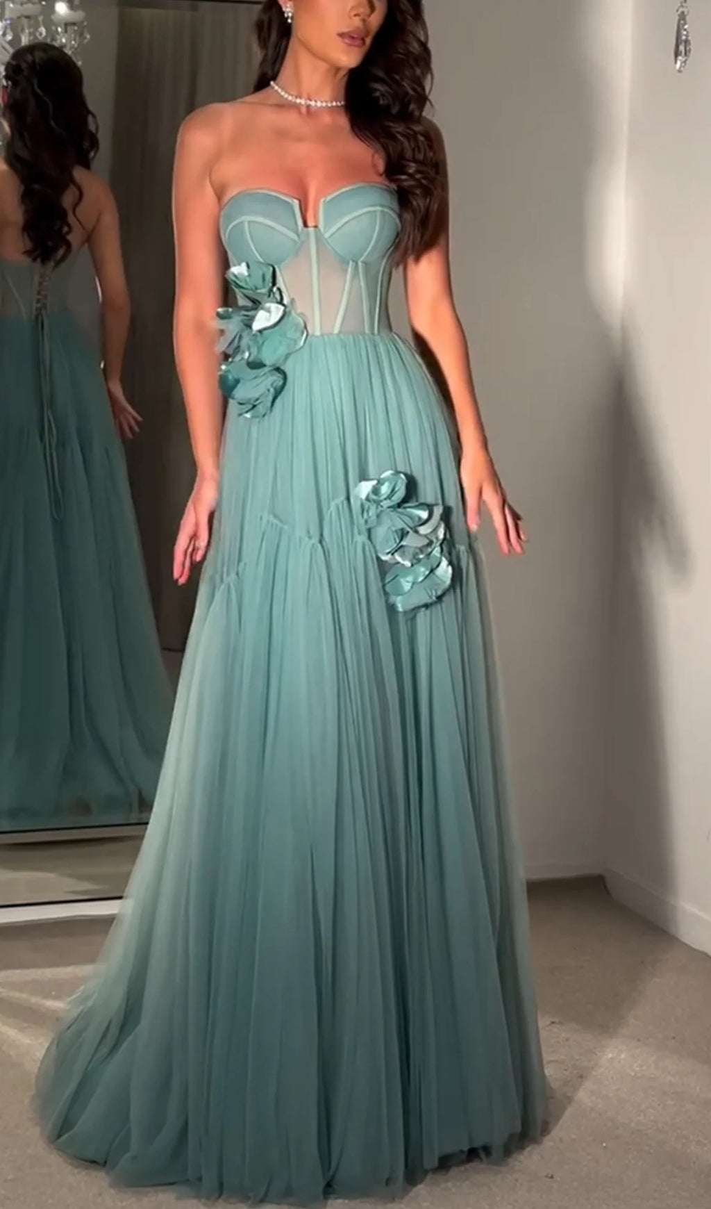 Fashionslee Women Blanca Blue Strapless Flower Corset Maxi Dress
