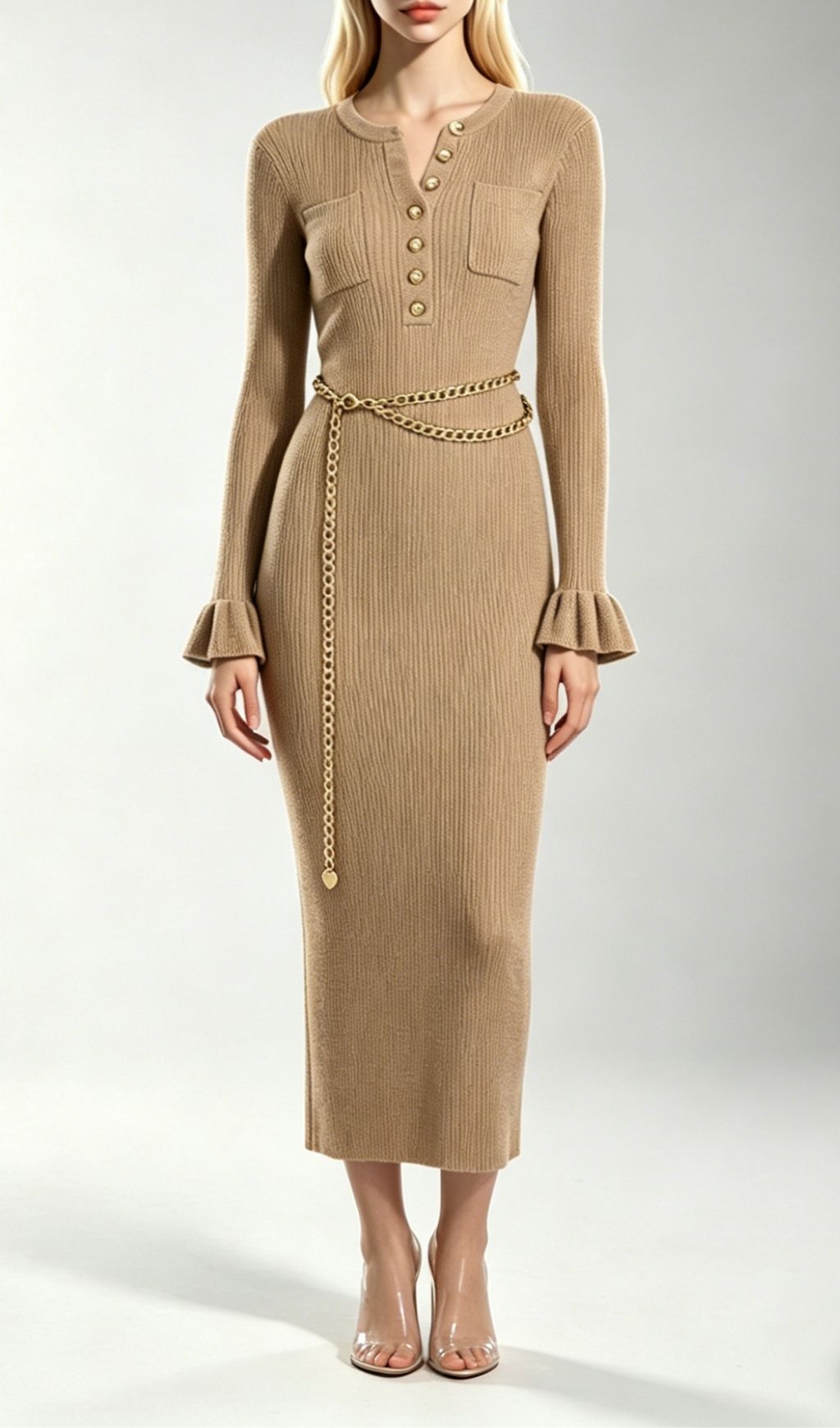 Fashionslee Women Kimani Khaki Knit Long Sleeve Dress With Chain