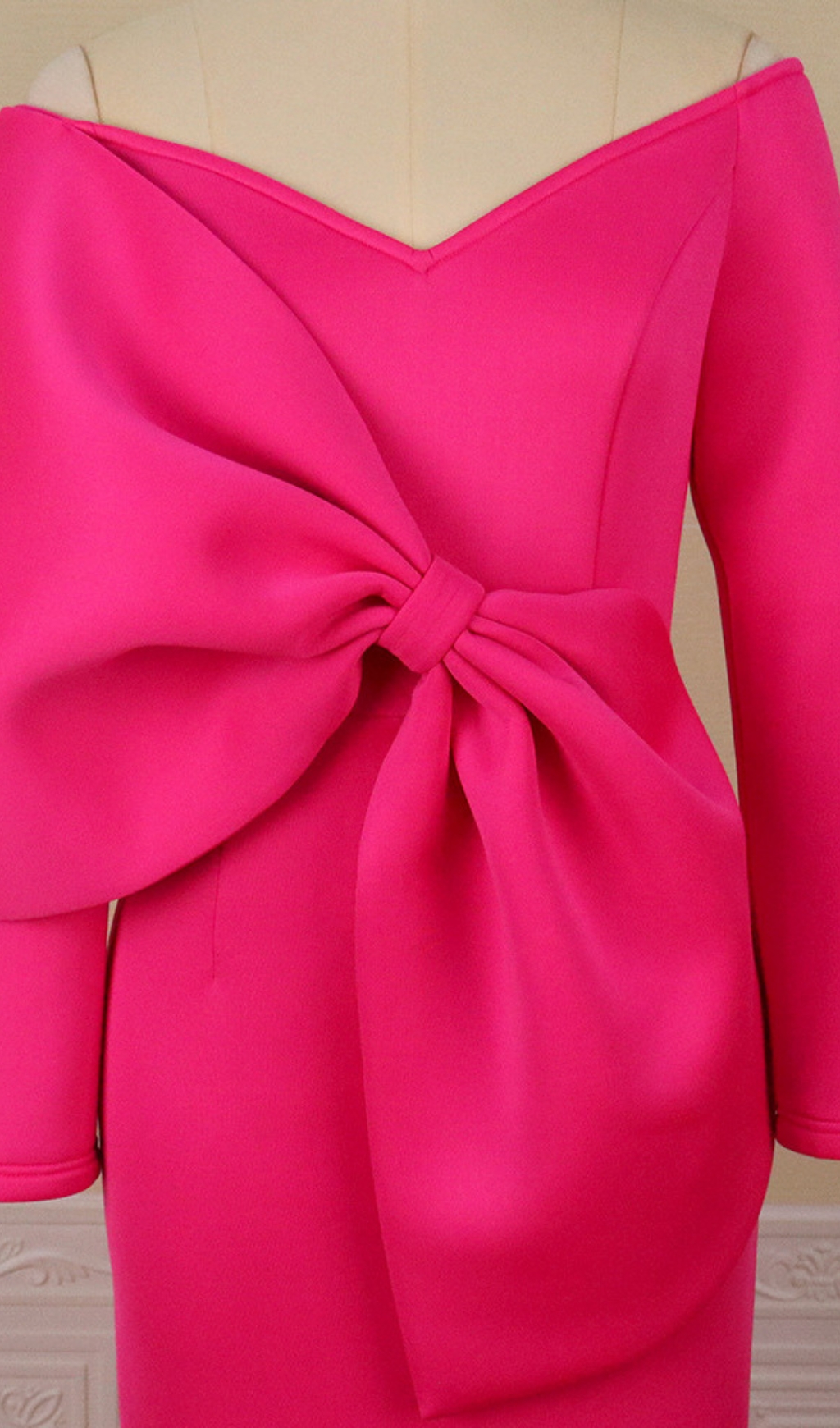 f3c7950a41fe3c1061517503b34bc1fb.jpg Fashionslee Women Batan Pink Bow Long Sleeve Midi Dress