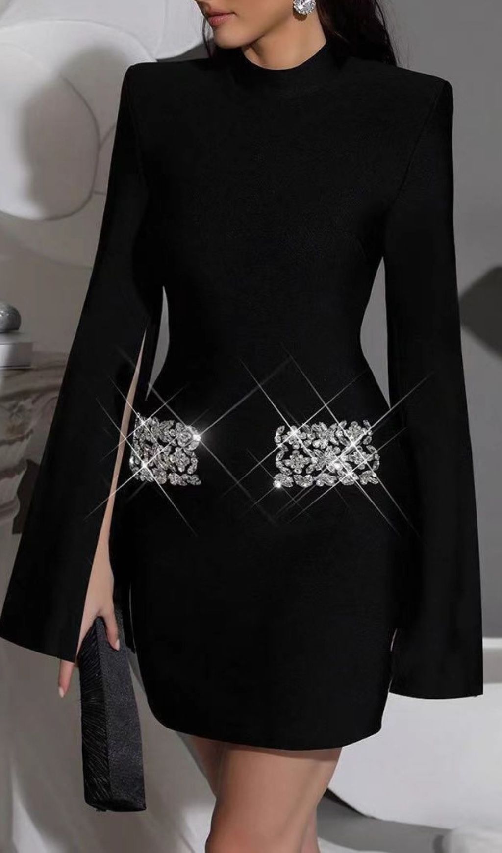 Fashionslee Women Irida Black Diamante Long Sleeve Mini Dress