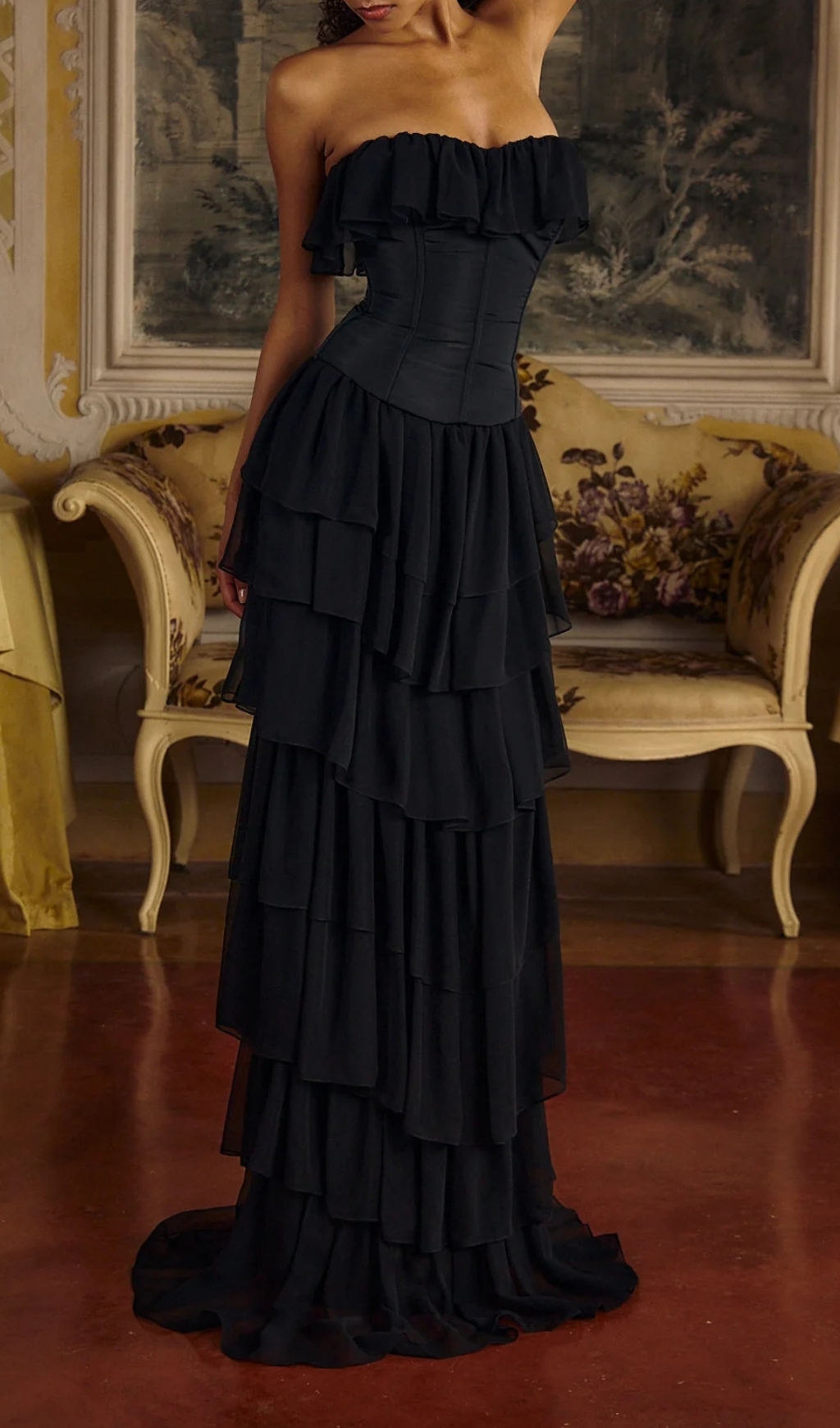 Fashionslee Women Angelie Black Ruffle Corset Maxi Dress