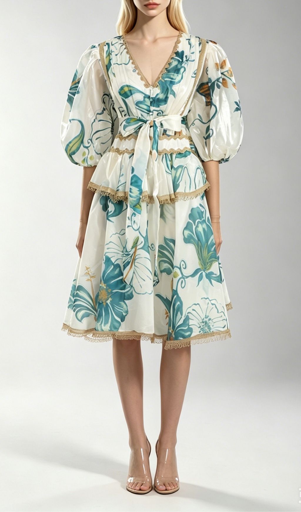 Fashionslee Women Kirra Blue V-Neck Printed Puff Sleeve Midi Dress