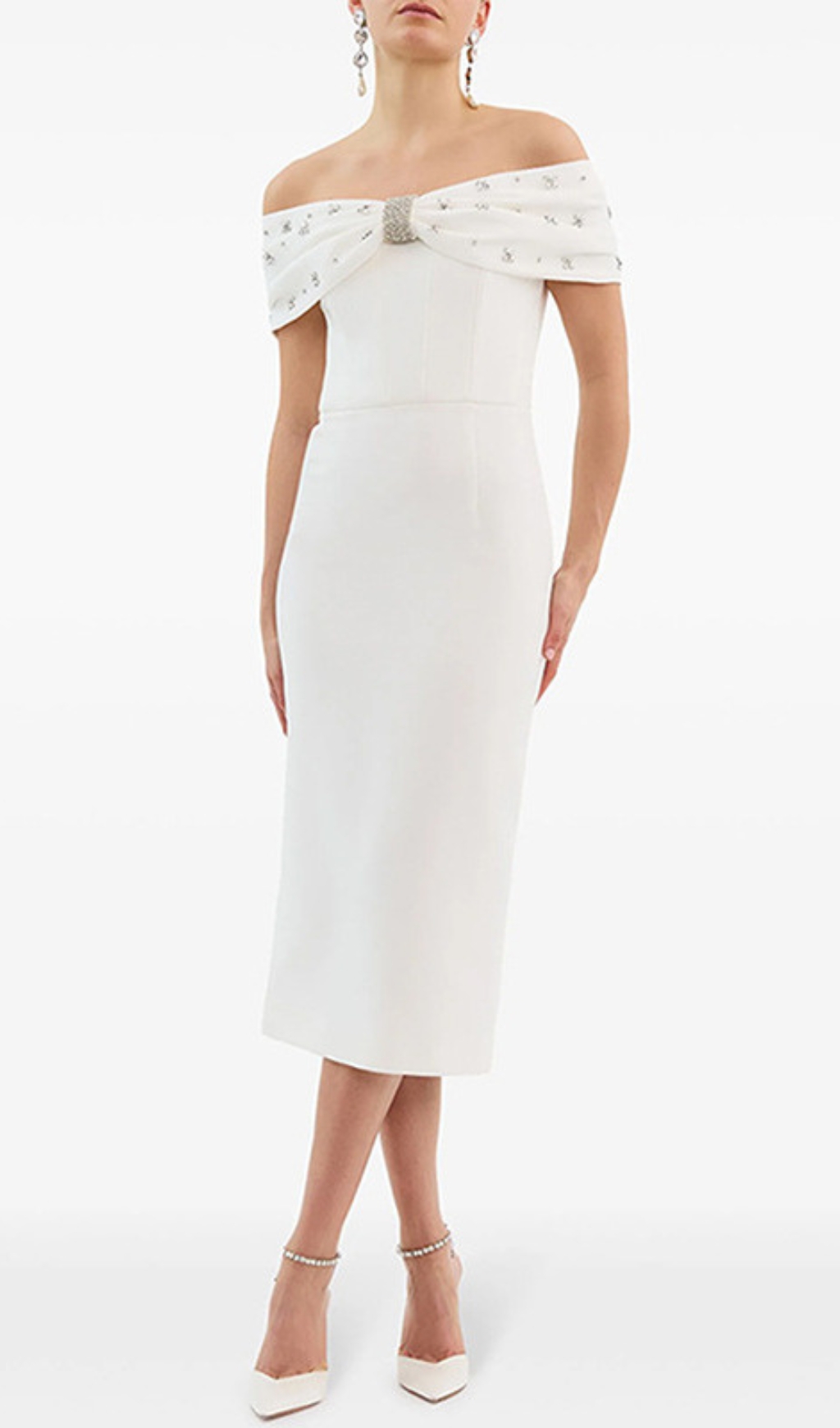 Fashionslee Women White Crystal Bardot Midi Dress