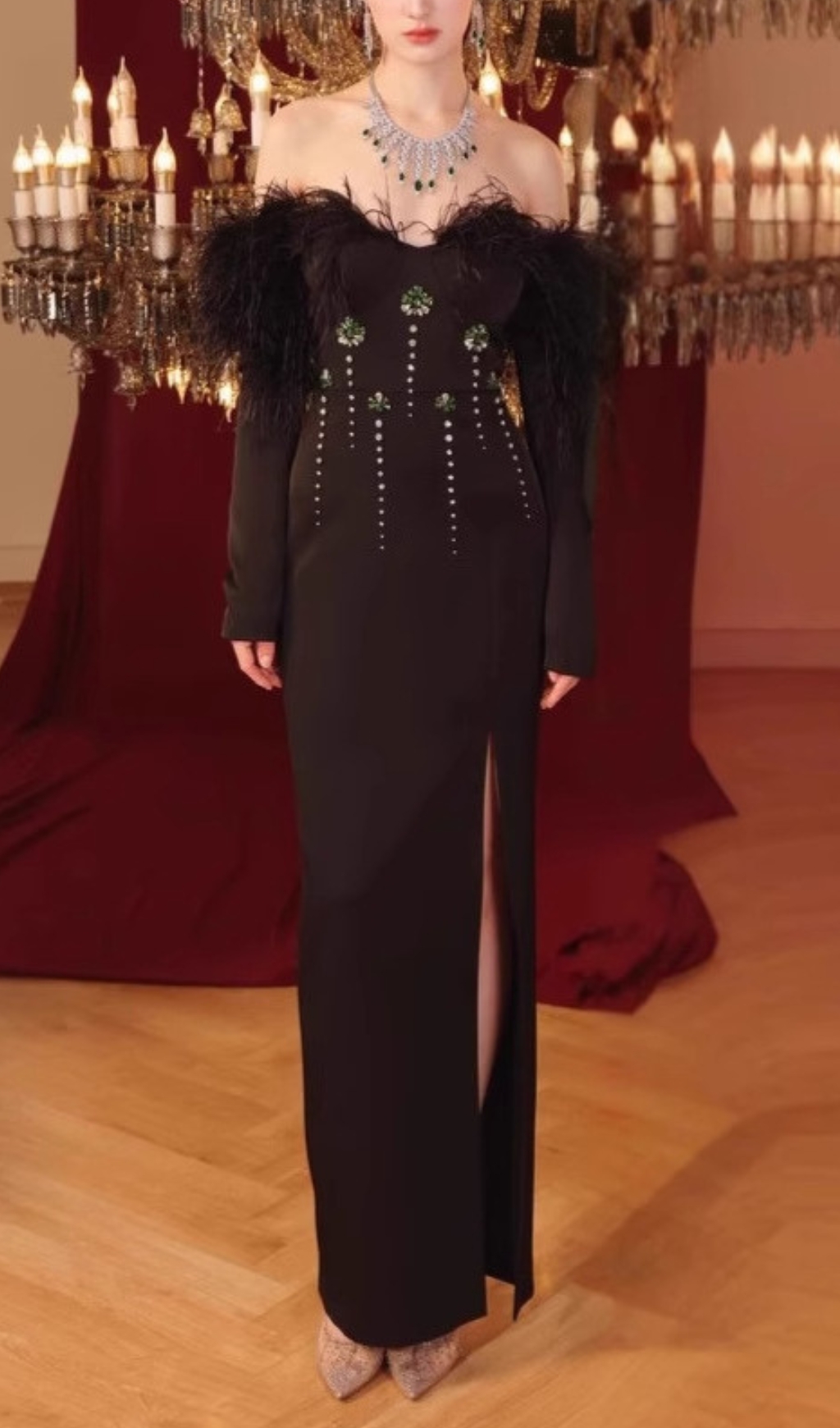 Fashionslee Women Chaya Black Feather Long Sleeve Maxi Dress