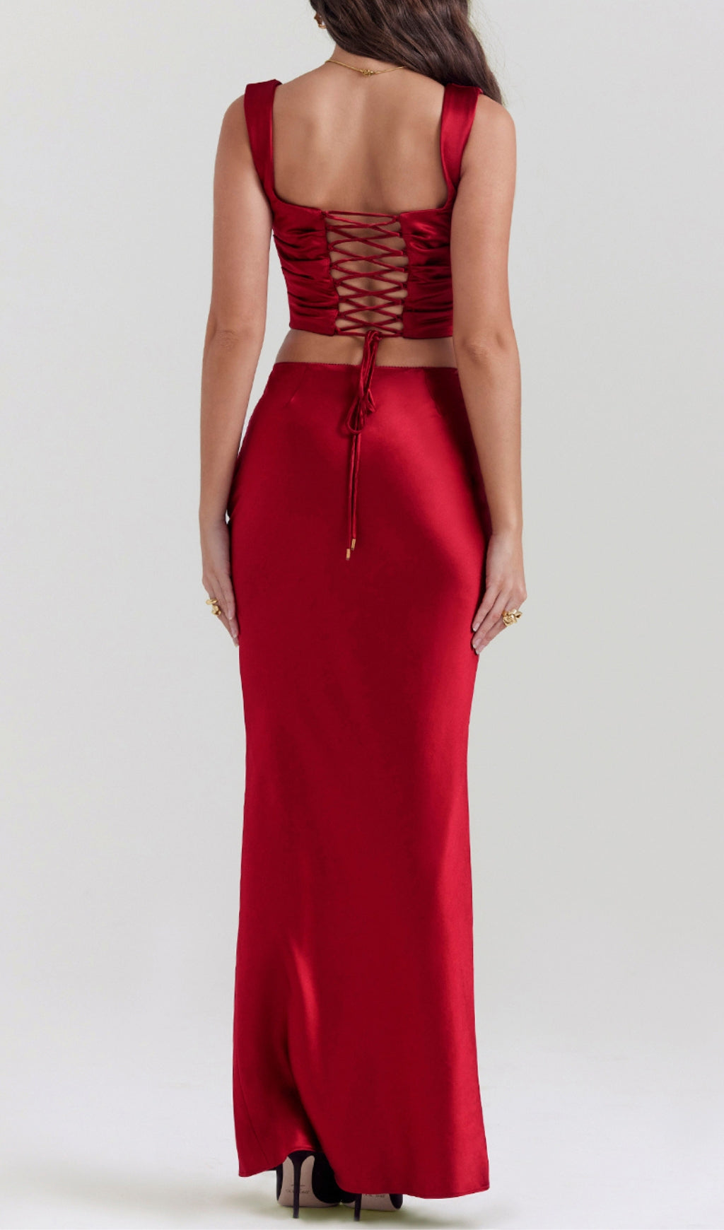 Fashionslee Women Satin Ruched Two Pieces Set In Red