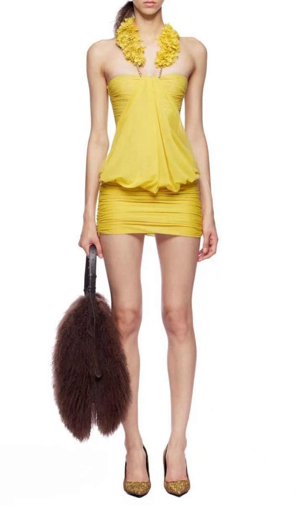 Fashionslee Women Keren Yellow Halter Ruched Mini Dress