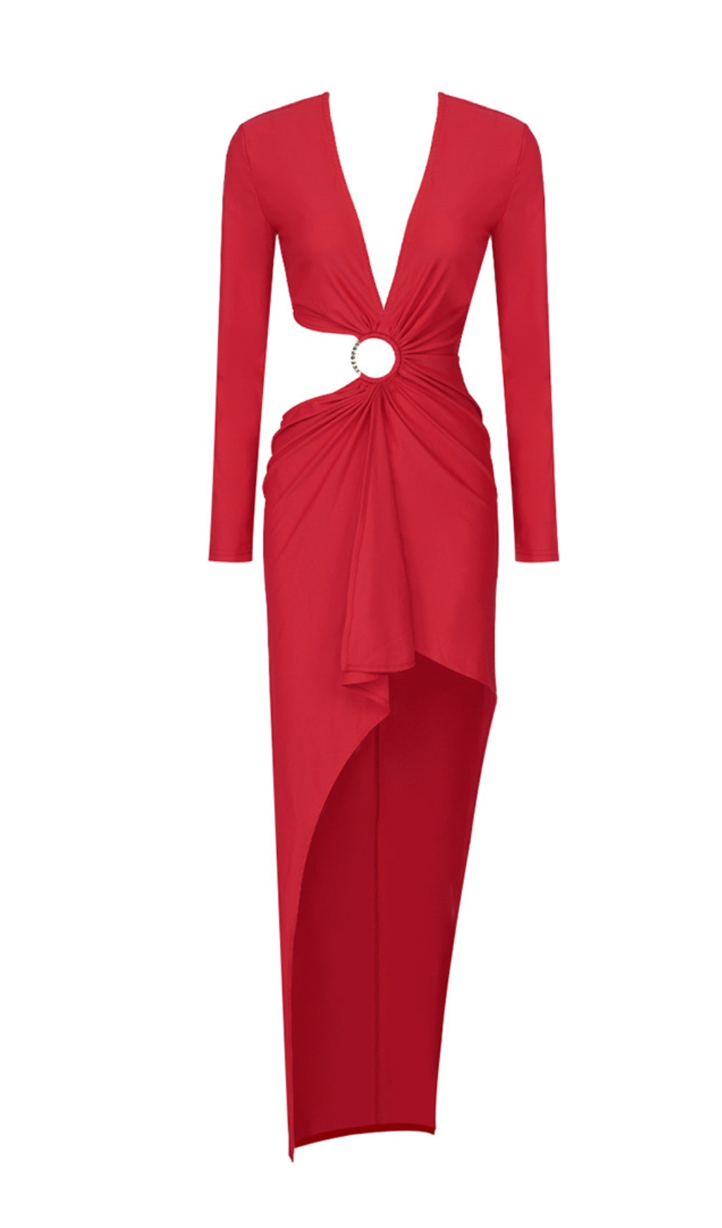 f54f73fa14802be42fbbea001c605a71.jpeg Fashionslee Women Red V-Neck Long-Sleeve Split Dress